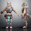 3D Wolf Creature Character With Two Views Brown Leather Armor Blue Accents Tail And Claws