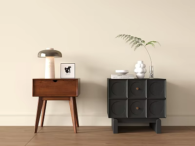 Wooden And Dark Colored Bedside Tables With Table Lamp Photo Frame Vase And Green Plant 3d model