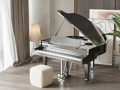 Black Grand Piano And Art Decor In Modern Interior With Stool Lamp And Plant 3d model