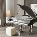 Black Grand Piano And Art Decor In Modern Interior With Stool Lamp And Plant