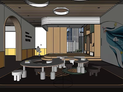 Bright Kindergarten Indoor Area With Round Tables Arched Doorways And Decorative Paintings 3d model