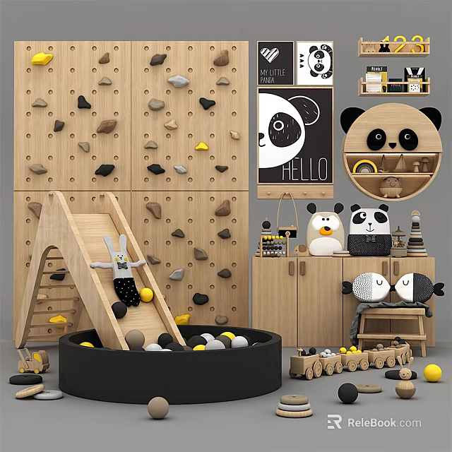 Fun Kids Playroom With Climbing Wall Ball Pit Panda Decorations And Wooden Toys 3d model 