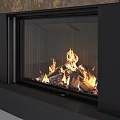 Modern Fireplace Interior With Burning Fire Stacked Wood And Dark Panels 3d model