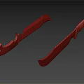 Two Black Blade Knives With Red Handles And Serrated Edges On Dark Reflective Surface