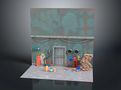 Miniature Landscape With Green Wall Gray Door Round Windows Building Blocks And Colorful Buckets 3d model