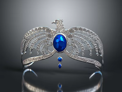 Silver Phoenix Tiara with Large Central Blue Gemstone Small Blue Stones Sparkling Diamonds and Crystals 3d model