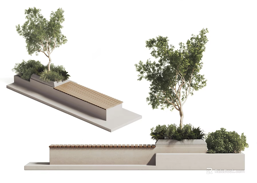 Outdoor Landscape Seating With Wooden Bench Surrounded By Trees And Green Plants 3d model 