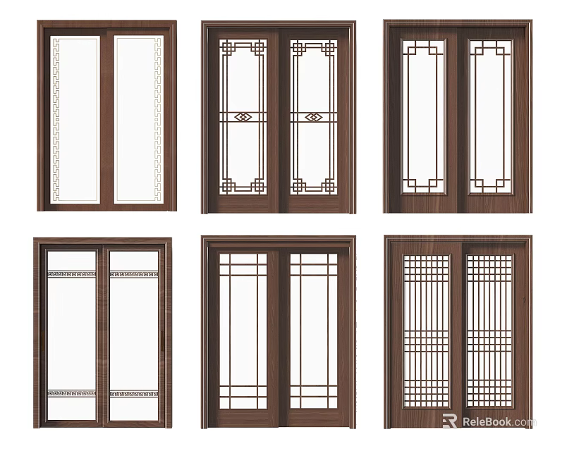 Wooden Frame Sliding Doors With Various Glass Panel And Grid Patterns For Interior 3d model