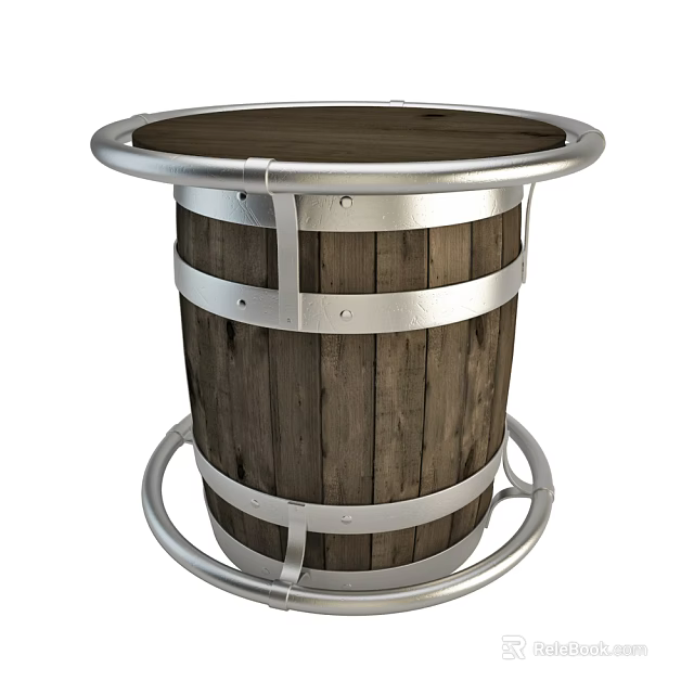 Rustic Wooden Barrel Dining Table With Silver Metal Hoops Round Top And Sturdy Base 3d model 