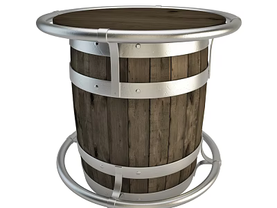 Rustic Wooden Barrel Dining Table With Silver Metal Hoops Round Top And Sturdy Base 3d model