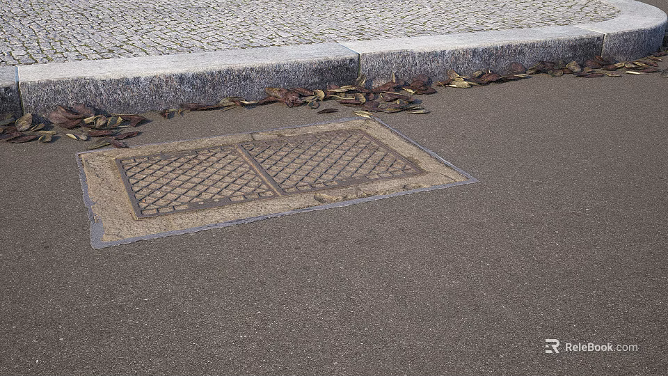 Road Infrastructure Manhole Cover with Patterned Design on Asphalt Pavement Near Curb with Fallen Leaves 3d model 