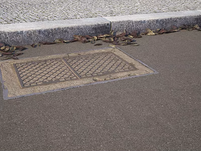 Road Infrastructure Manhole Cover with Patterned Design on Asphalt Pavement Near Curb with Fallen Leaves 3d model
