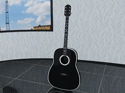 Acoustic Guitar And Art Supplies Display In Modern Room With Leaf Pattern Wall 3d model