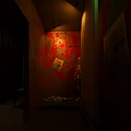 Dimly Lit Lounge Space With Chairs Candles Wall Graffiti And Green Ceiling Lights