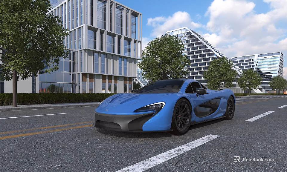 Blue Sports Car On City Street With Modern Buildings Trees And Blue Sky 3d model 