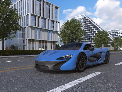 Blue Sports Car On City Street With Modern Buildings Trees And Blue Sky 3d model