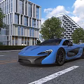 Blue Sports Car On City Street With Modern Buildings Trees And Blue Sky