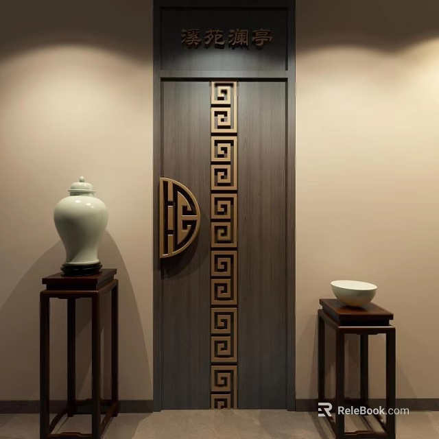 Elegant Ceramic Vessels Displayed On Wooden Stands With Traditional Geometric Pattern Panel 3d model