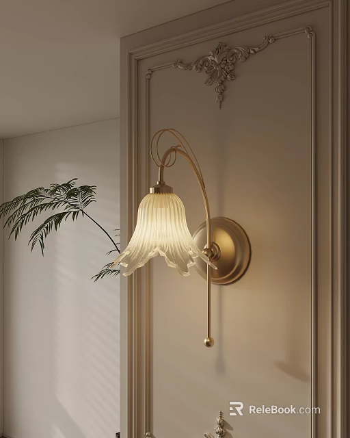 Elegant Golden Wall Sconce with White Striped Lampshade on Light Wall and Fern Plant 3d model 