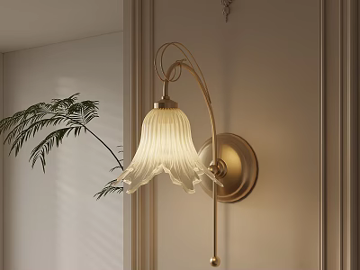Elegant Golden Wall Sconce with White Striped Lampshade on Light Wall and Fern Plant 3d model