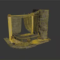 Medieval Stone Scene Structure With Stone Walls Platform Fabric Curtains And Stone Base