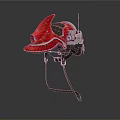 Red Mechanical Helmet With Antenna And Metal Straps On White Background