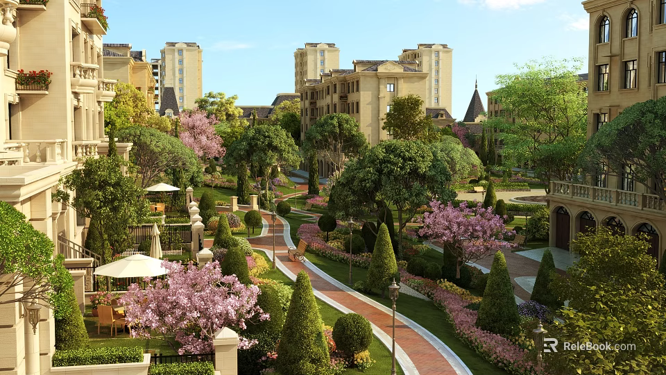 Elegant Landscaped Garden With Pruned Shrubs Pink Flowering Trees And Winding Pathway 3d model 