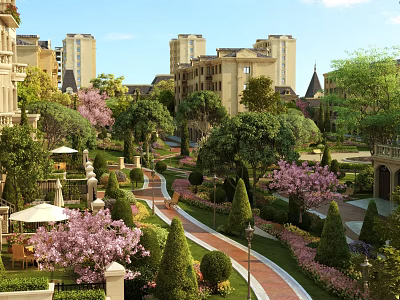 Elegant Landscaped Garden With Pruned Shrubs Pink Flowering Trees And Winding Pathway 3d model