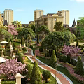 Elegant Landscaped Garden With Pruned Shrubs Pink Flowering Trees And Winding Pathway