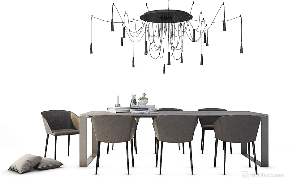 Modern Dining Table Set With Grey Chairs And Black Pendant Light 3d model