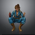Woman in blue overalls with ponytail holding red beverage squatting on grey background