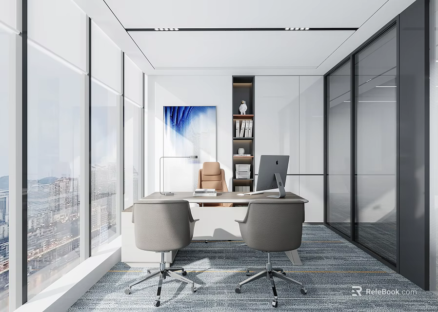 Modern Office Interior Design With Large Windows Desk Chairs And Glass Partitions 3d model 