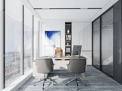 Modern Office Interior Design With Large Windows Desk Chairs And Glass Partitions 3d model