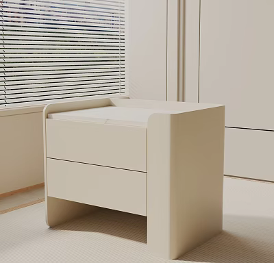 Modern Beige Nightstand With Two Drawers And Window Blinds In Minimalist Bedroom 3d model