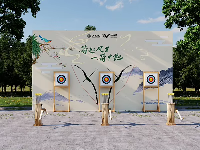 Outdoor Archery Interactive Zone With Decorative Backdrop Three Targets And Arrow Stands 3d model