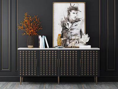 Elegant Console Cabinet Interior With Dark Wall Artwork Orange Branches Books And Dot Details 3d model