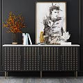 Elegant Console Cabinet Interior With Dark Wall Artwork Orange Branches Books And Dot Details