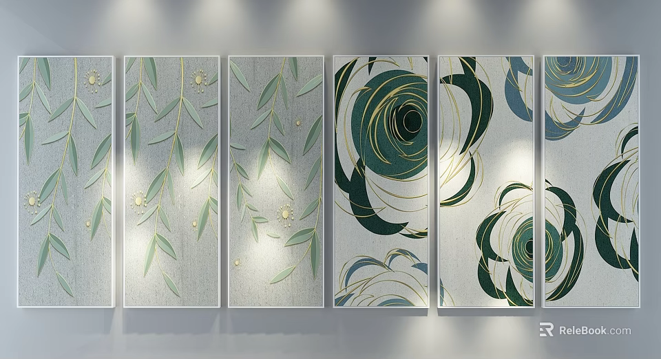 Stylish Wall Art Decor With Green Leaves Gold Lines And Circular Patterns 3d model