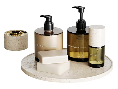 Elegant Modern Bathroom Essentials with Pump Dispensers Soap Bars and Container on Tray 3d model