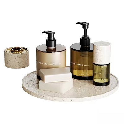 Elegant Modern Bathroom Essentials with Pump Dispensers Soap Bars and Container on Tray 3d model