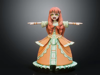 Game Movie Character With Red Hair Orange Green Dress And Outstretched Arms 3d model