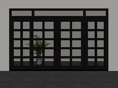 Black Double Doors With Grid Glass Panels And Potted Plant In Modern Interior 3d model