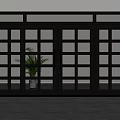 Black Double Doors With Grid Glass Panels And Potted Plant In Modern Interior