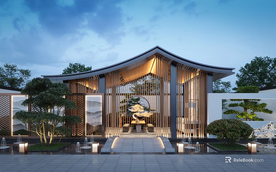 Traditional Modern Garden Landscape With Wooden Structure Lush Greenery And Water Fountains 3d model 