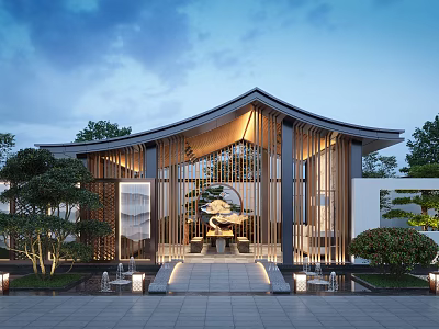 Traditional Modern Garden Landscape With Wooden Structure Lush Greenery And Water Fountains 3d model