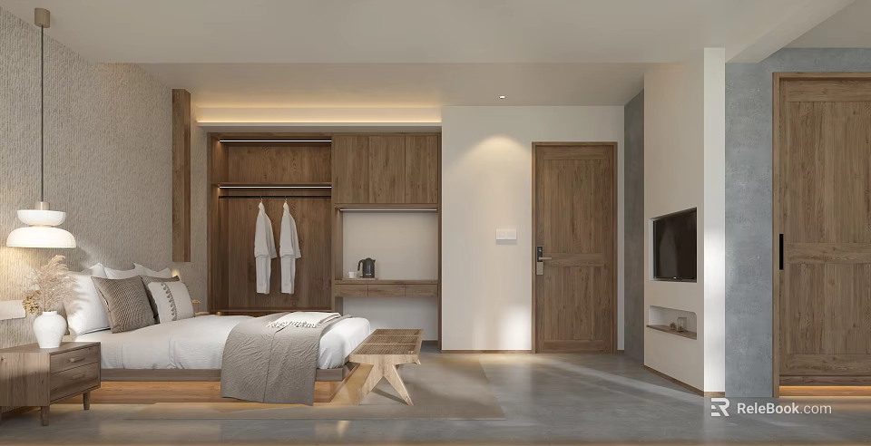 Modern Hotel Room Interior With Wooden Wardrobe Bed TV And Gray Carpet 3d model 