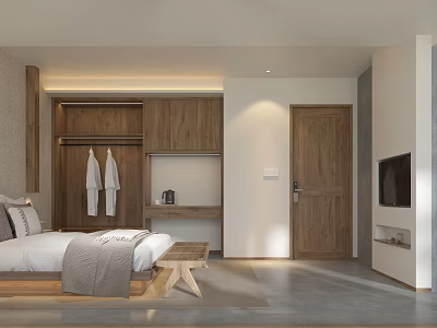 Modern Hotel Room Interior With Wooden Wardrobe Bed TV And Gray Carpet 3d model