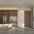 Modern Hotel Room Interior With Wooden Wardrobe Bed TV And Gray Carpet