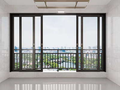 Modern Black Frame Sliding Doors In Room With City View And Green Trees 3d model