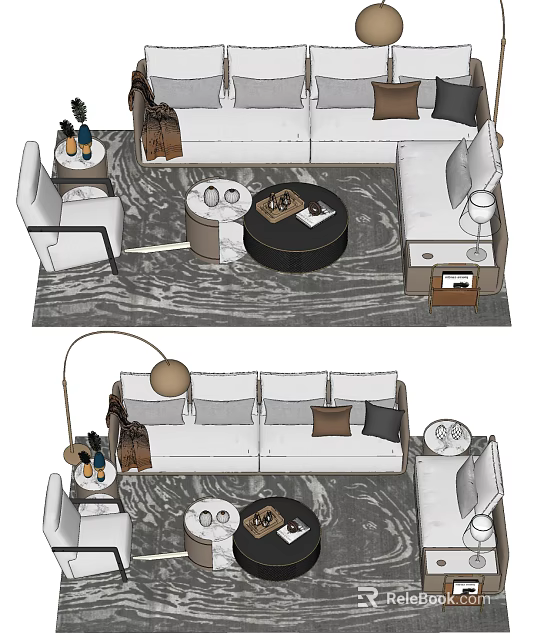 Modern Sofa Coffee Table Set With Stylish Pillows Side Table And Area Rug 3d model